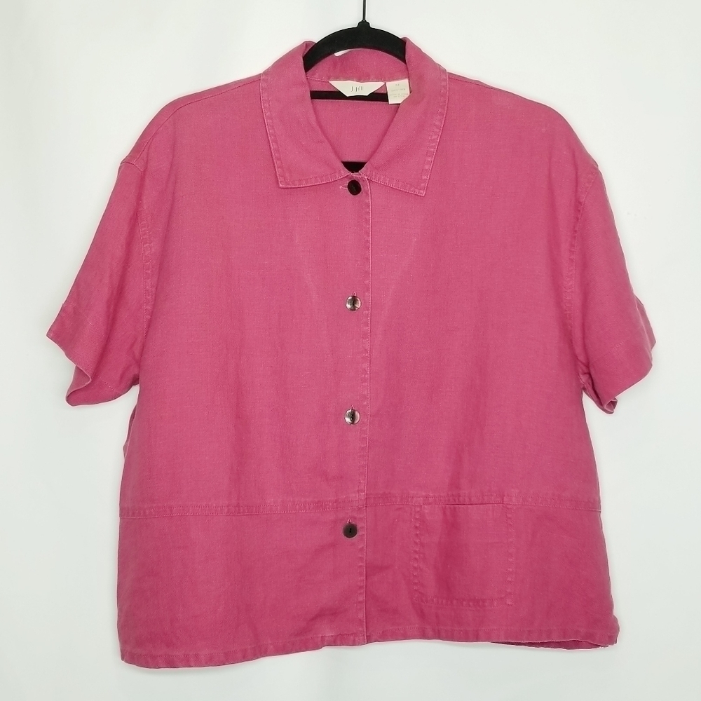 J Jill Pink Linen Button Front Boxy Blouse Shirt‎ Loose Fit Top size M